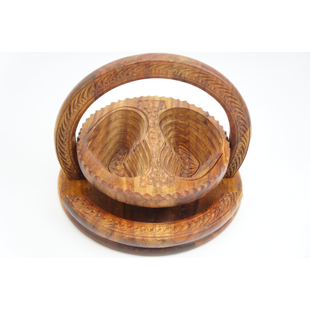 Rosewood Collapsible Wooden Basket 8 Inch Brown Hand Carved Yin Yang Heart Good
